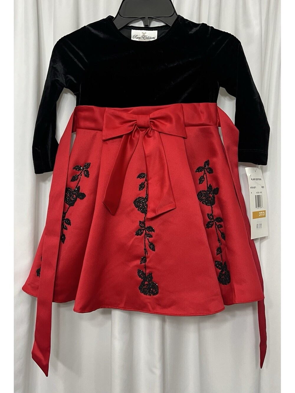 Rare Editions Toddler Girl 3T Black Velvet Red Bow Sequin Holiday Dress NWT